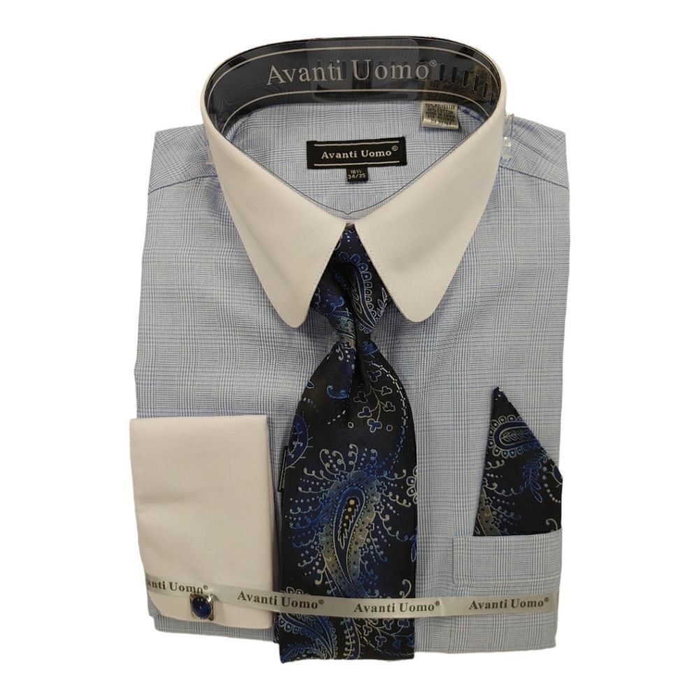 MEN'S AVANTI UOMO GLEN CHECK SHIRT WITH FRENCH CUFF & POCKET SQUARE DN131M.
